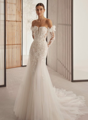 off shoulder tulle and applique wedding dress