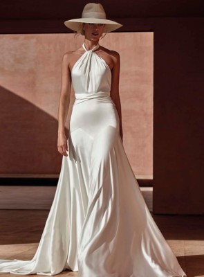 halter neck satin wedding dress