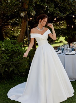 bardot sleeve A line wedding dress