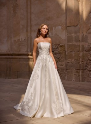 Embroidered satin A line wedding dress
