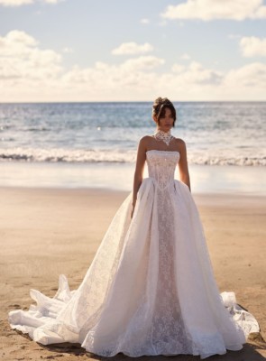 Lace ballgown with illusion bodice and basque waist
