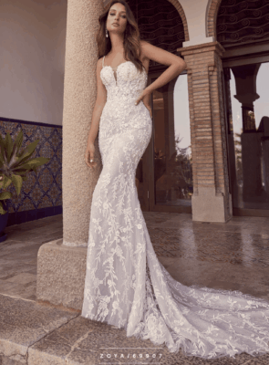 Fitted lace wedding dress by Ronald Joyce