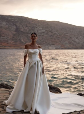 Bardot satin Milla Nova wedding dress